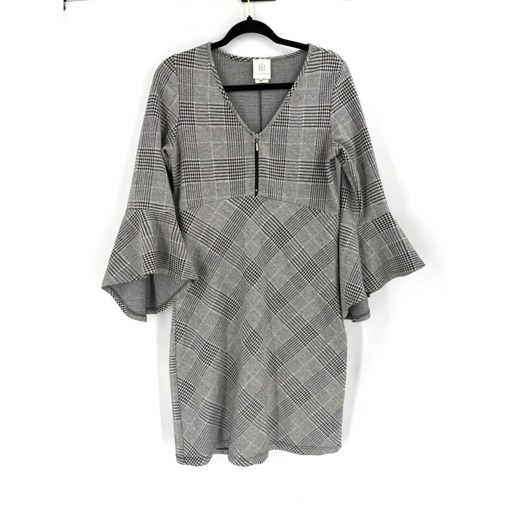 Papillon Blanc Shift Dress‎ Womens Size M Grey Plaid Bell Sleeve Preppy Mod